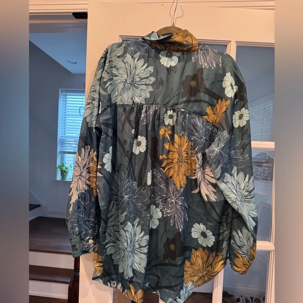Anthropologie Briel Teal Floral Satin Button-Up Blouse with Mustard Accents XL - Picture 7 of 8